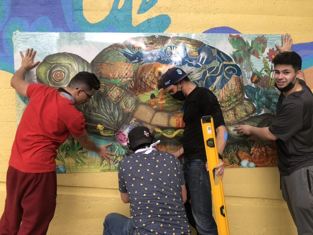 Young men installing a panel on the wall