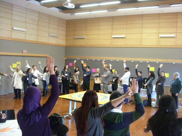 A team raising their arms together during a creative team building session